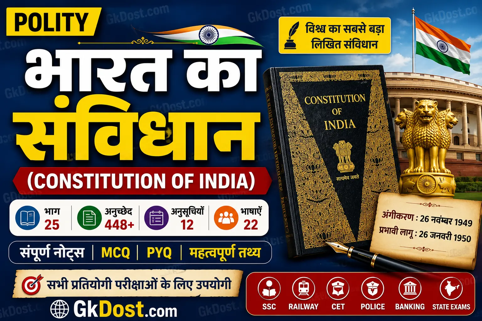 भारत का संविधान Notes PDF, MCQ एवं PYQ