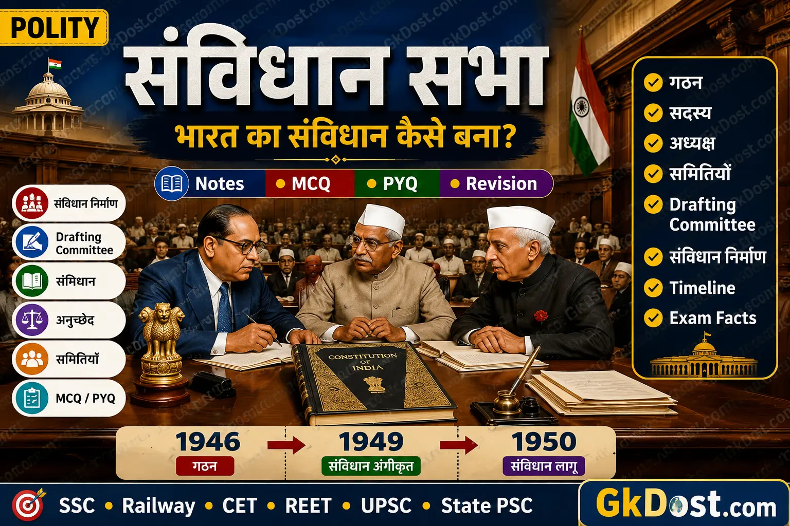 संविधान सभा Notes PDF, MCQ, PYQ, गठन, अध्यक्ष एवं समितियाँ