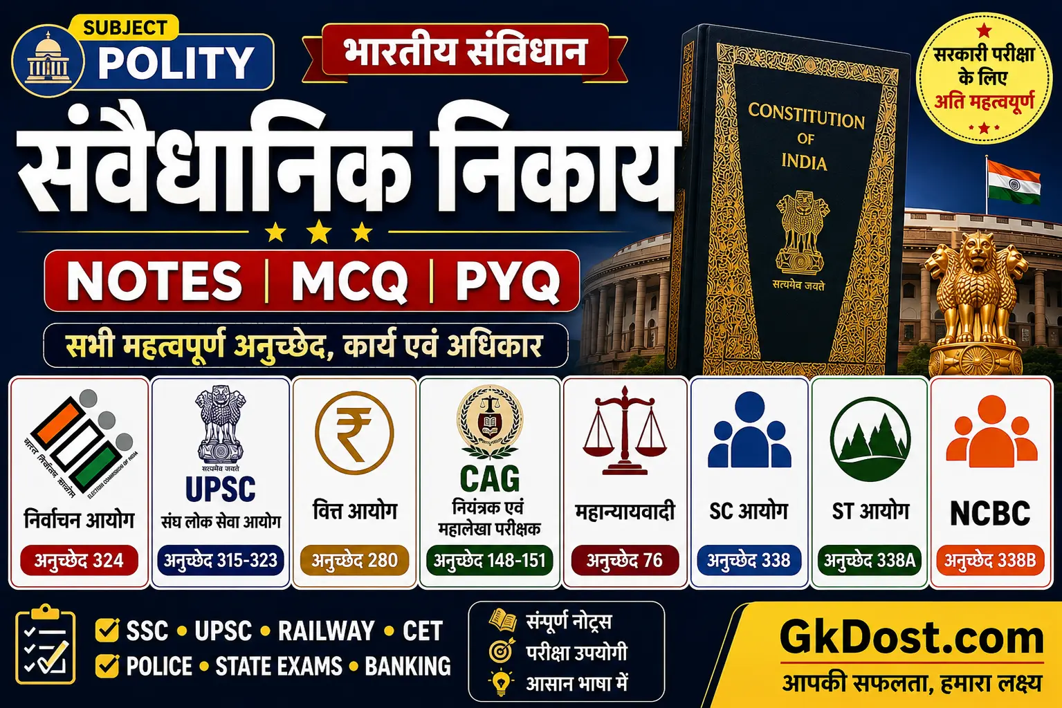 संवैधानिक निकाय Notes in Hindi | MCQ, PYQ एवं महत्वपूर्ण अनुच्छेद