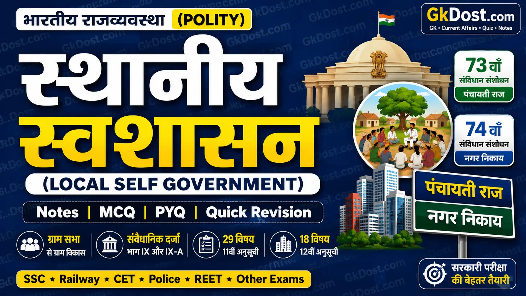 स्थानीय स्वशासन (Local Self Government) Notes in Hindi | पंचायती राज, नगर निकाय, MCQ, PYQ