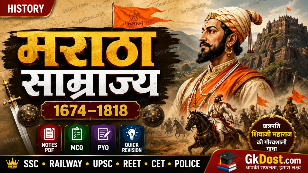 मराठा साम्राज्य (1674–1818) Notes PDF, छत्रपति शिवाजी महाराज, पेशवा काल, MCQ एवं महत्वपूर्ण प्रश्न