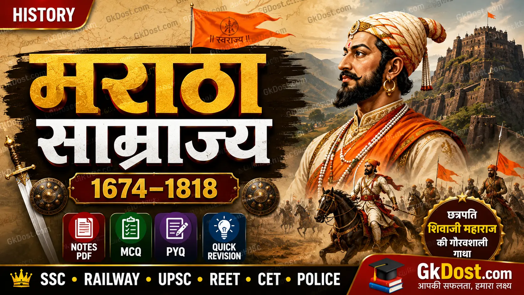 मराठा साम्राज्य (1674–1818) Notes PDF, छत्रपति शिवाजी महाराज, पेशवा काल, MCQ एवं महत्वपूर्ण प्रश्न