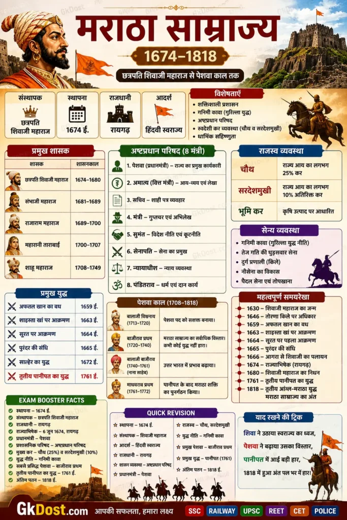 मराठा साम्राज्य (1674–1818) Quick Revision Infographic – छत्रपति शिवाजी महाराज, पेशवा काल, अष्टप्रधान परिषद, चौथ, सरदेशमुखी, तृतीय पानीपत युद्ध एवं परीक्षा उपयोगी तथ्य