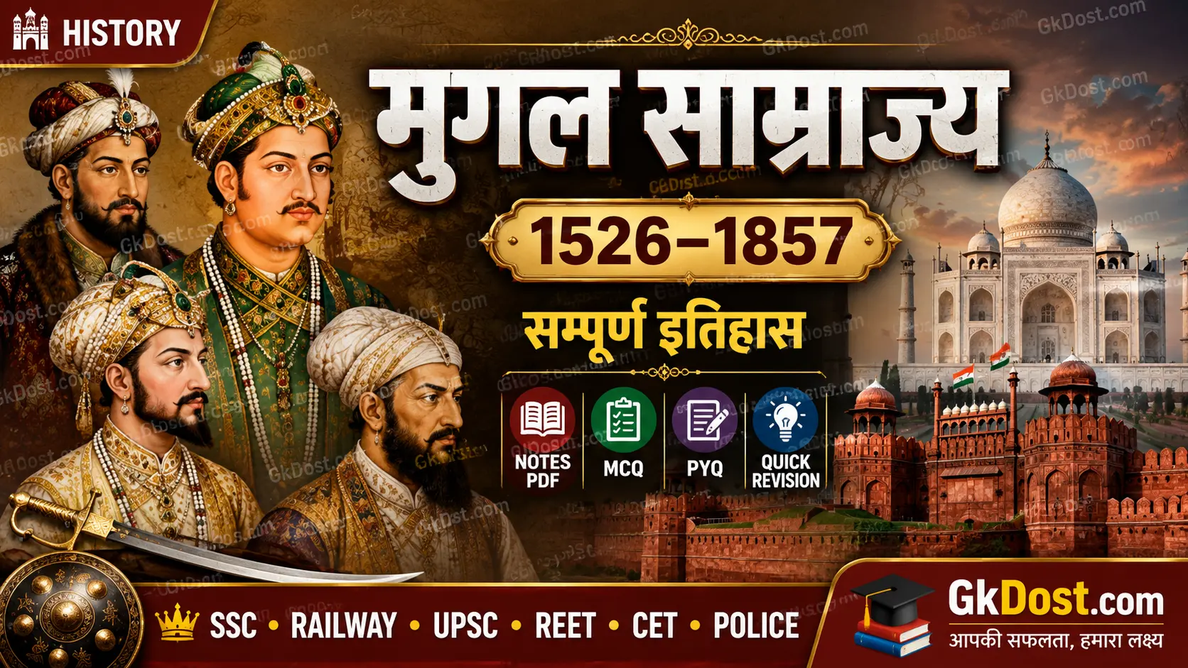 मुगल साम्राज्य (1526–1857) Notes PDF, प्रमुख शासक, मनसबदारी व्यवस्था, प्रशासन, MCQ एवं महत्वपूर्ण प्रश्न