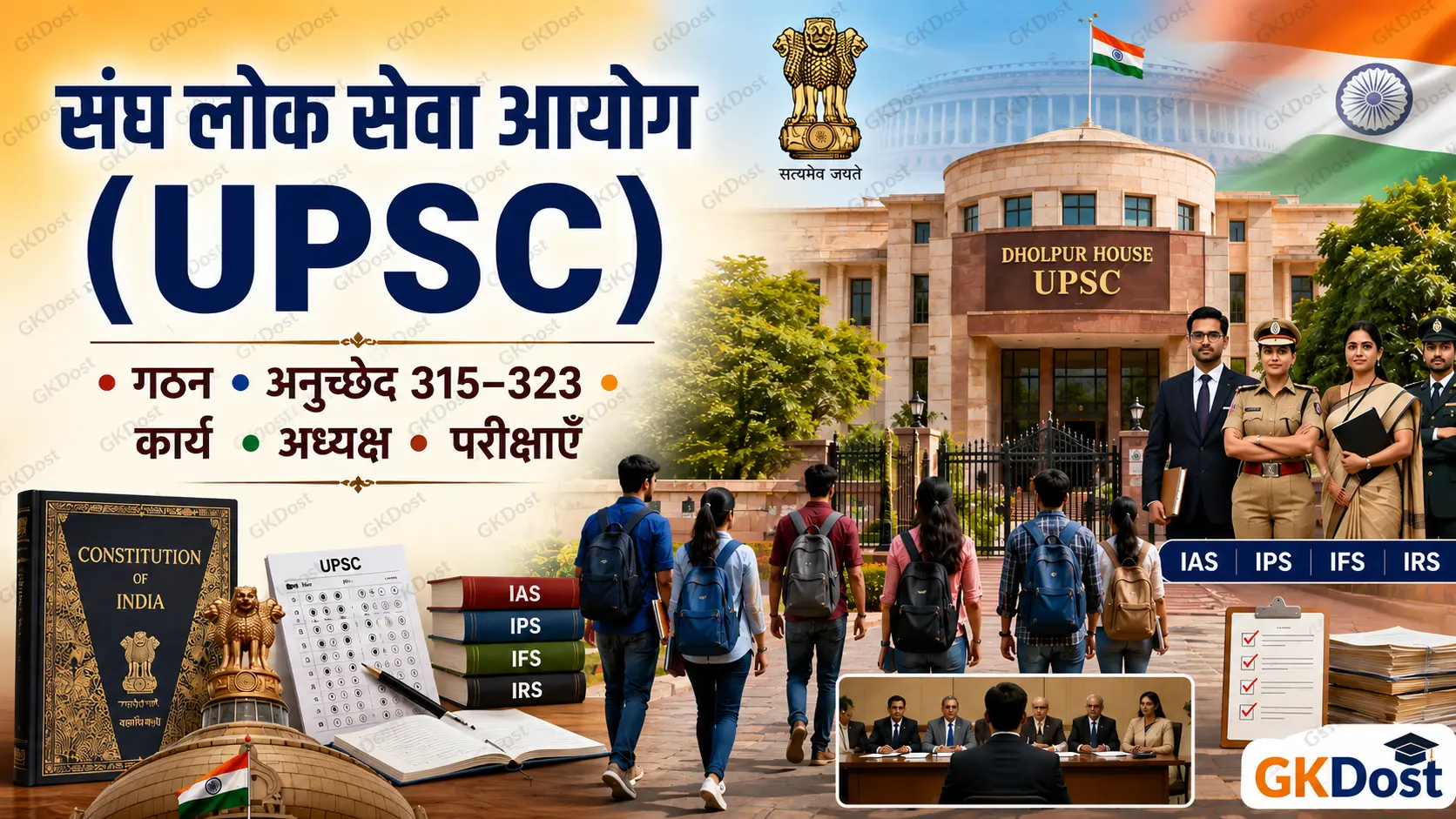 संघ लोक सेवा आयोग (UPSC) का धौलपुर हाउस मुख्यालय, UPSC अभ्यर्थी, IAS IPS अधिकारी एवं भारतीय संविधान को दर्शाती फीचर्ड इमेज