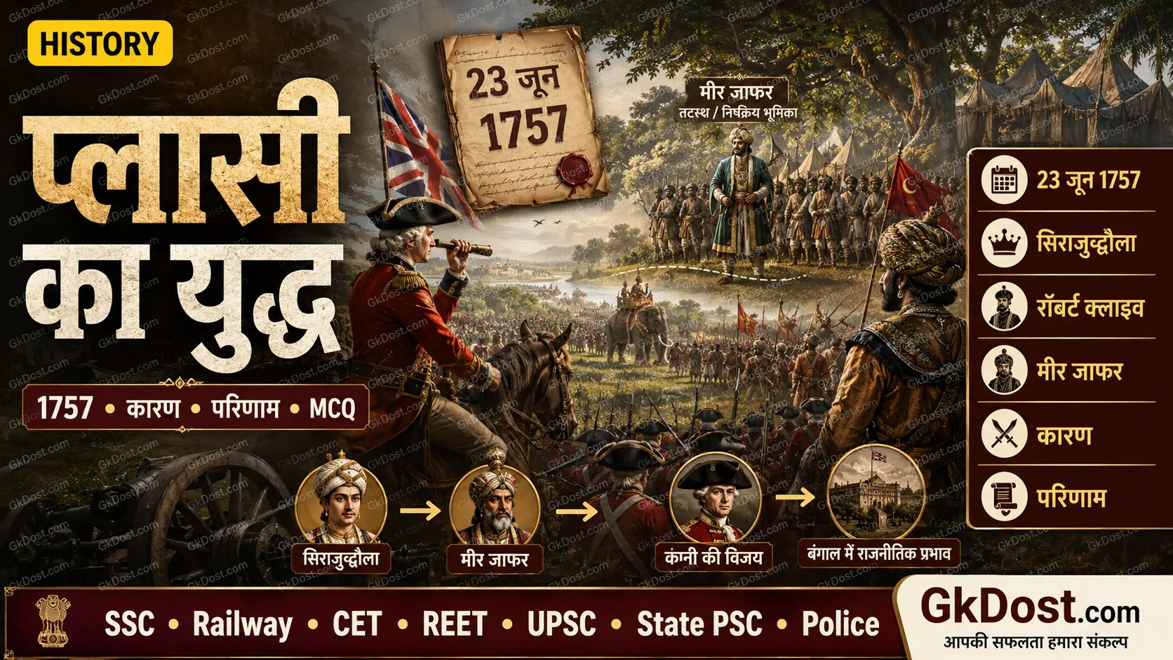 प्लासी का युद्ध 1757 Notes, कारण, परिणाम, MCQ