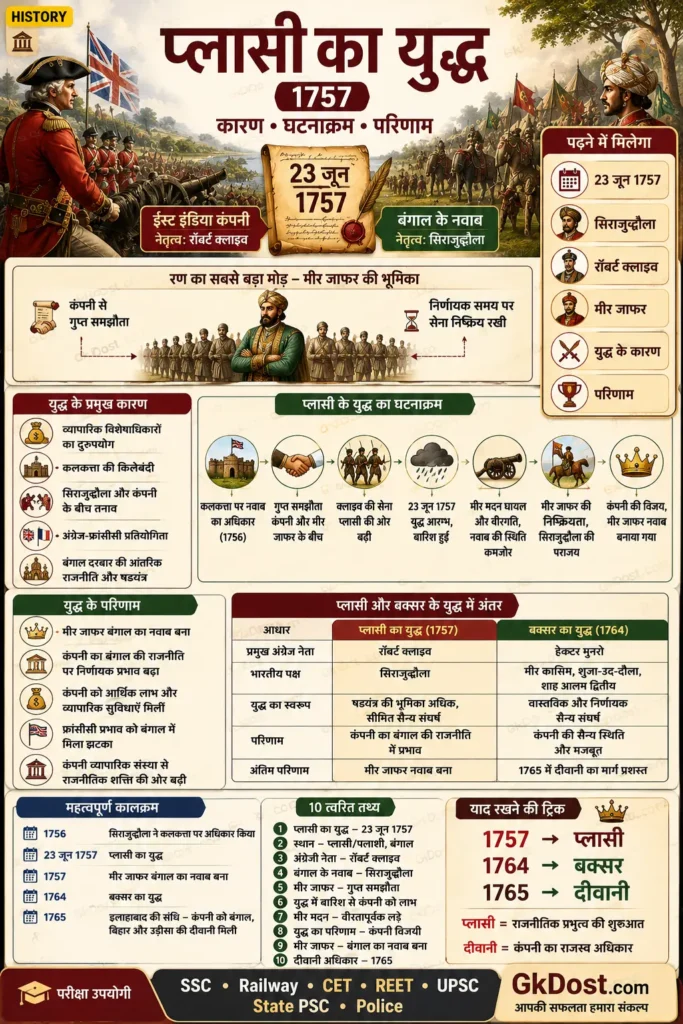 प्लासी का युद्ध 1757 Infographic: कारण, घटनाक्रम, मीर जाफर, परिणाम और महत्वपूर्ण तथ्य