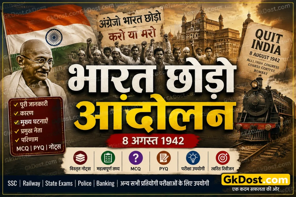 भारत छोड़ो आंदोलन Notes, MCQ, PYQ एवं महत्वपूर्ण तथ्य