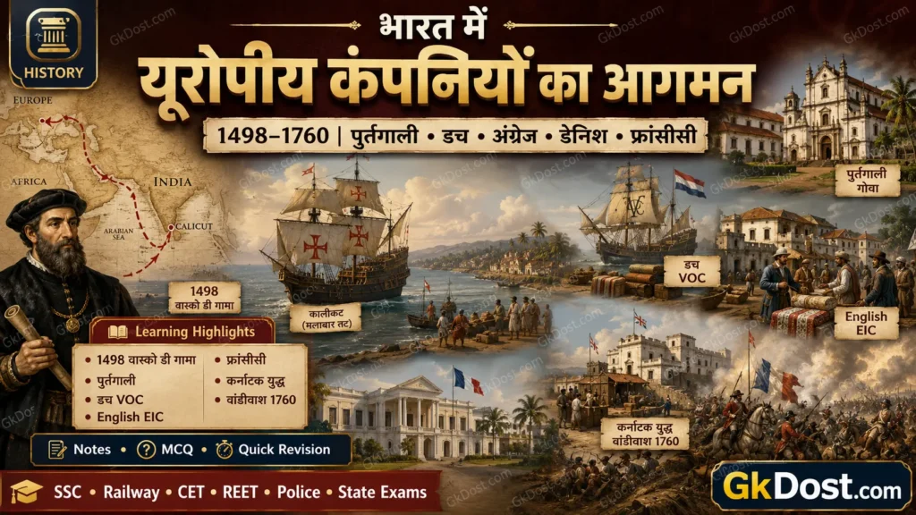 भारत में यूरोपीय कंपनियों का आगमन Notes, MCQ एवं महत्वपूर्ण तथ्य
