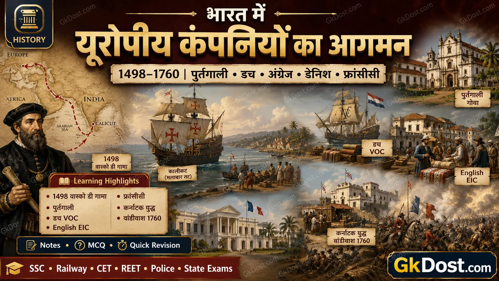भारत में यूरोपीय कंपनियों का आगमन Notes, MCQ एवं महत्वपूर्ण तथ्य