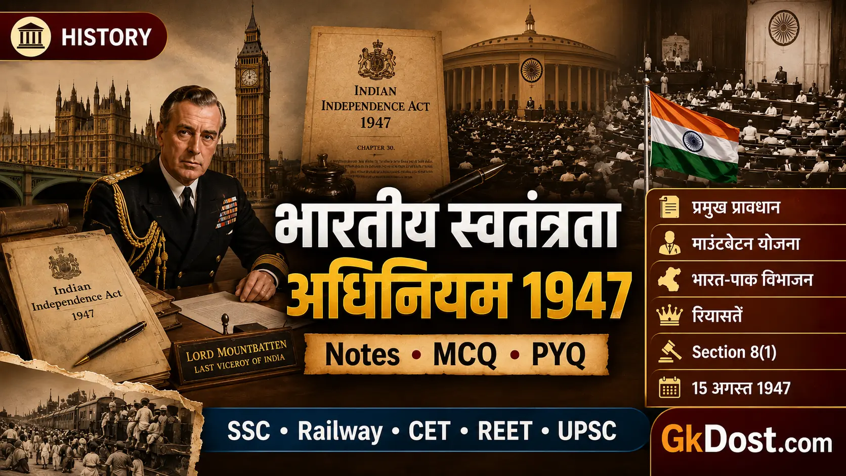 भारतीय स्वतंत्रता अधिनियम 1947 Notes PDF, MCQ एवं PYQ
