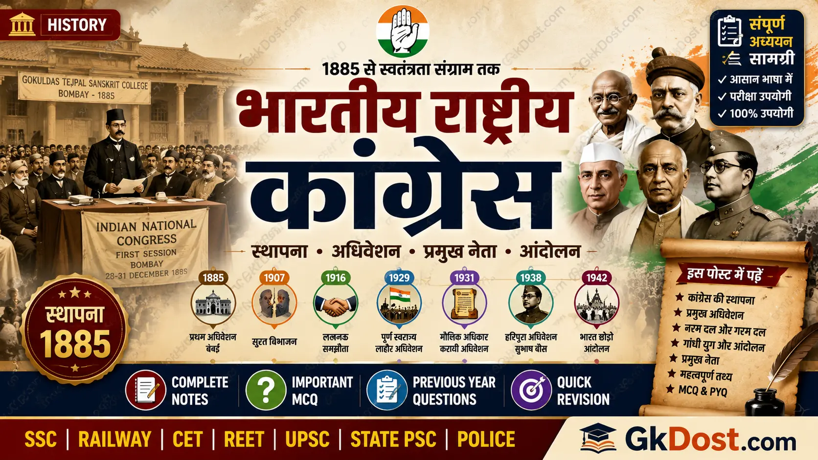 भारतीय राष्ट्रीय कांग्रेस Notes, MCQ, PYQ एवं महत्वपूर्ण अधिवेशन