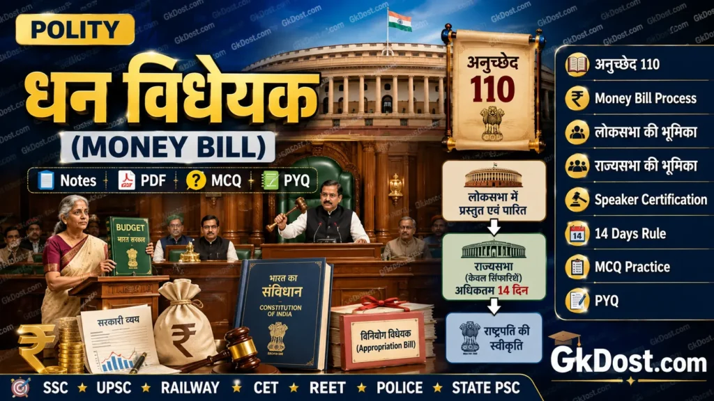 धन विधेयक (Money Bill) Notes PDF | अनुच्छेद 110, प्रक्रिया, MCQ एवं PYQ