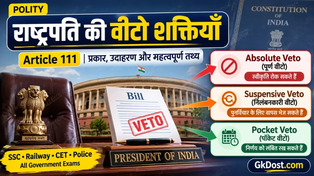 राष्ट्रपति की वीटो शक्तियाँ: प्रकार, अनुच्छेद 111 और महत्वपूर्ण तथ्य